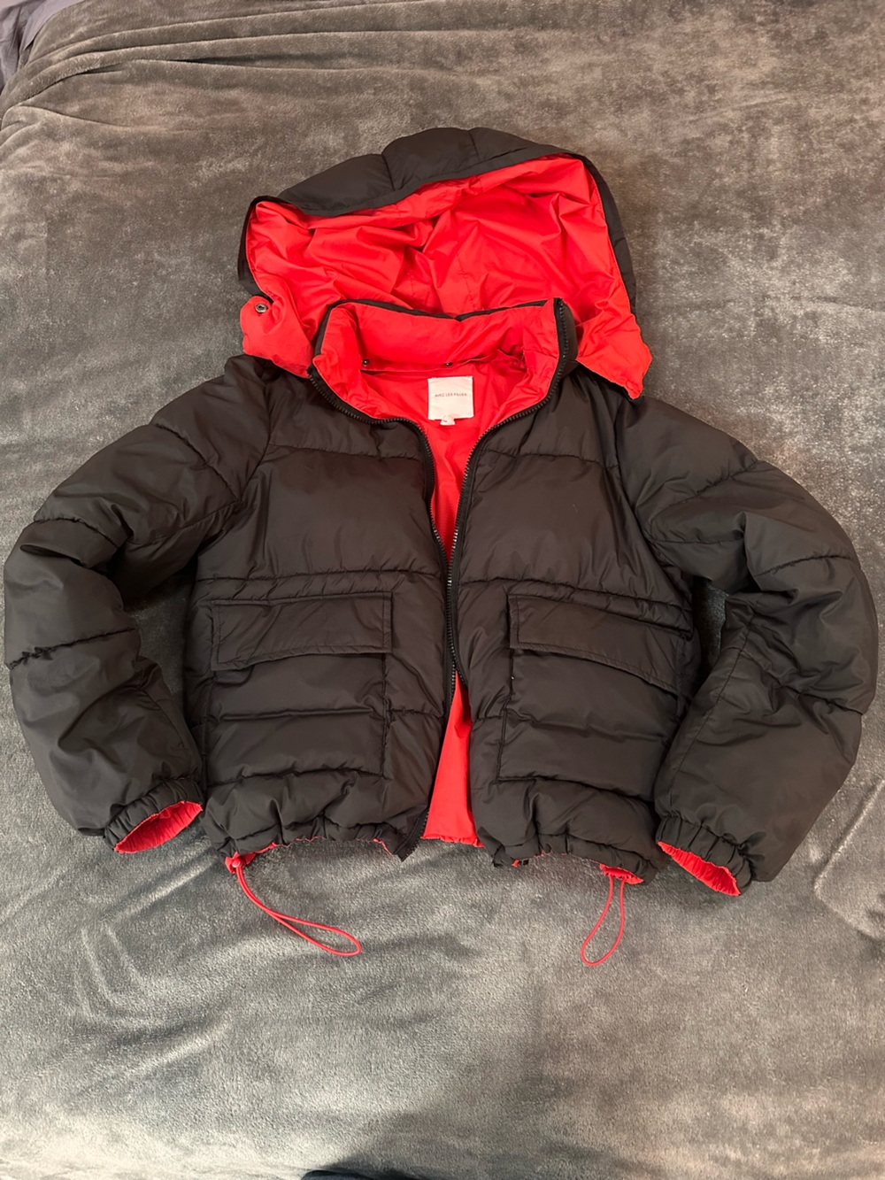 Avec Les Filles Black Puffer Jacket with Red Lining
